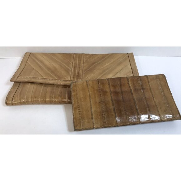 Borim Clutch Purse Rare Real EEL Skin Tan Vintage + Bonus  Matching Wallet - Picture 2 of 11